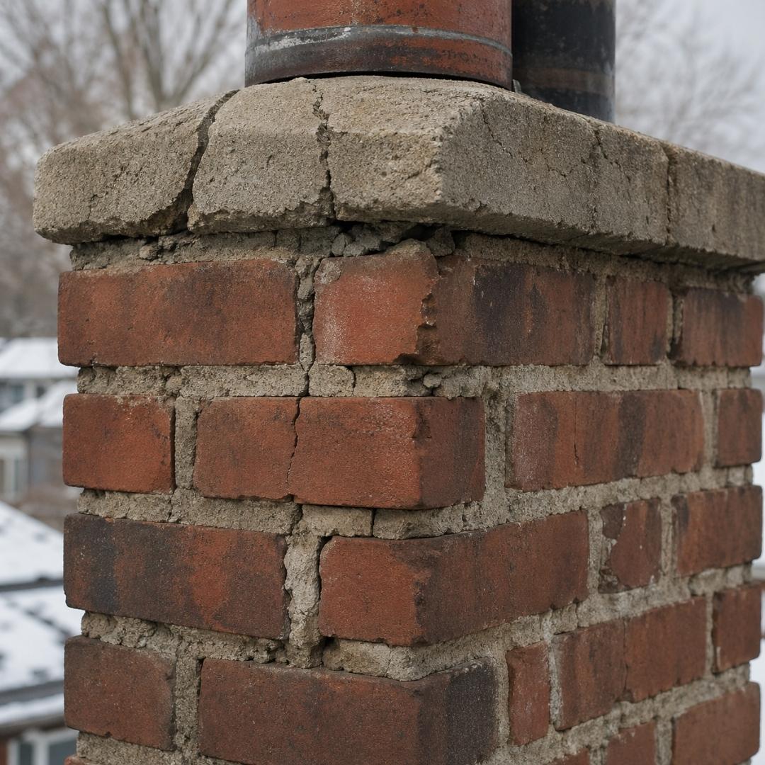 Cracked chimney mortar after winter weather in the Ozarks