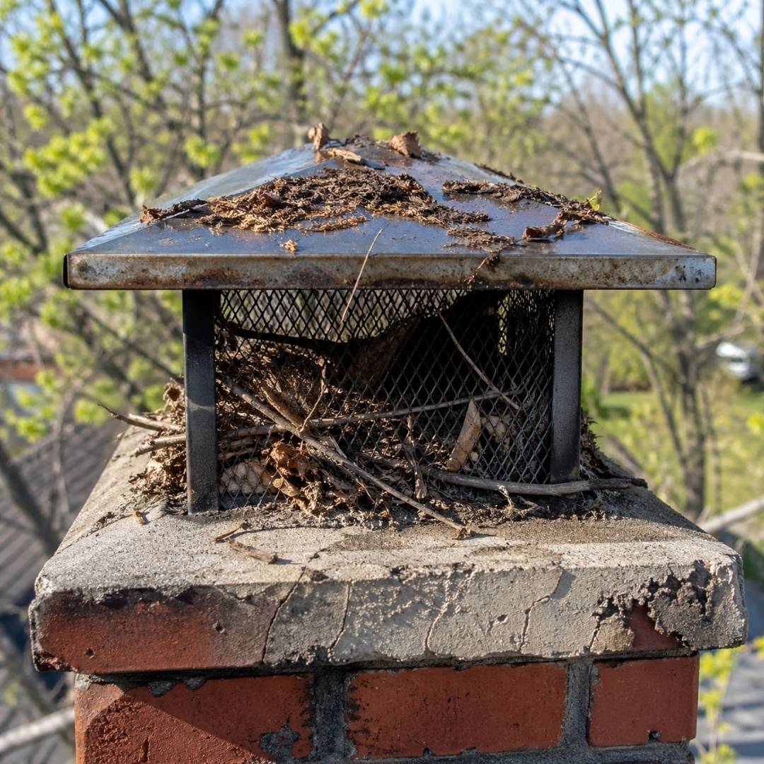 Leaves and debris blocking a chimney cap in spring