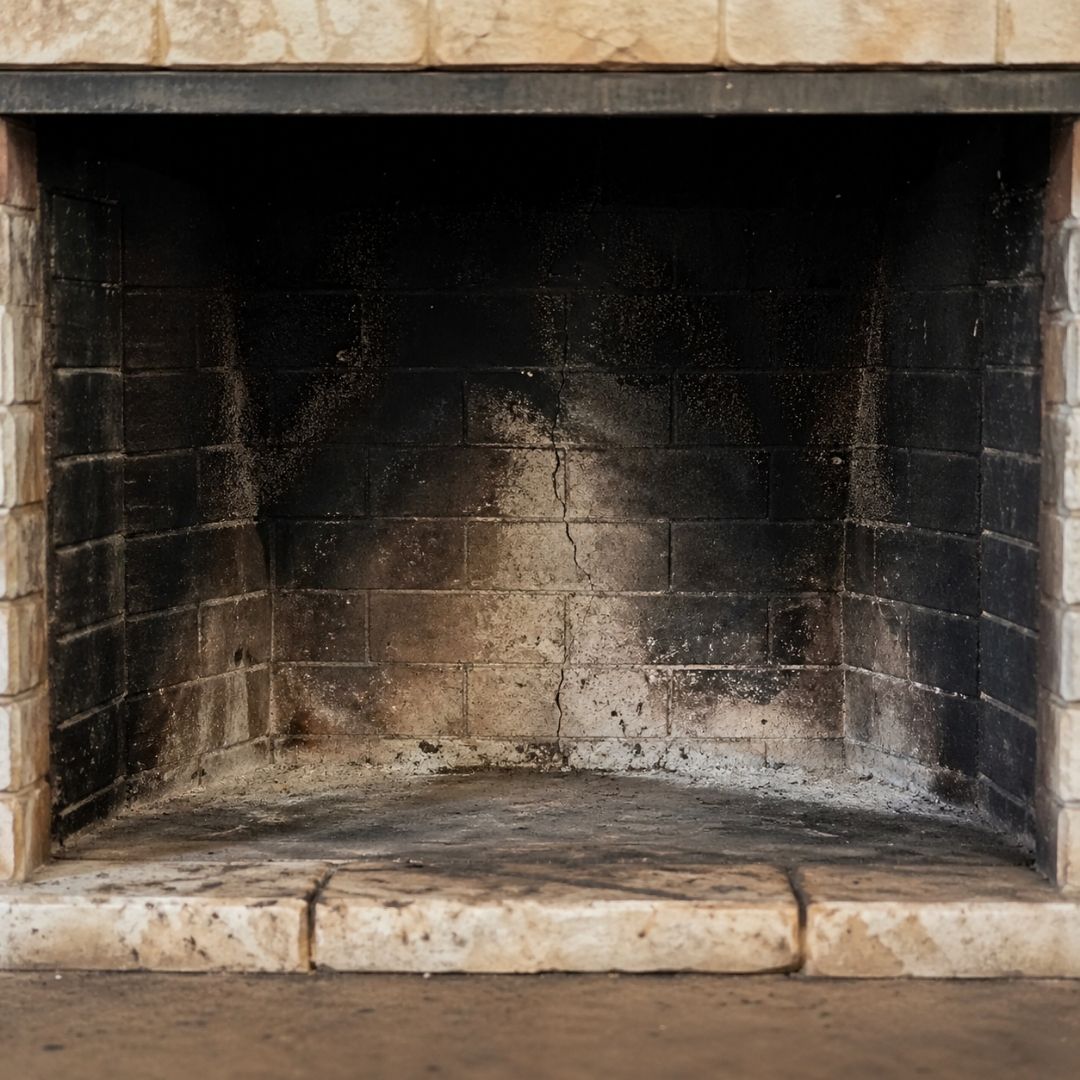 Soot buildup and visible cracks inside a fireplace showing potential chimney safety concerns.