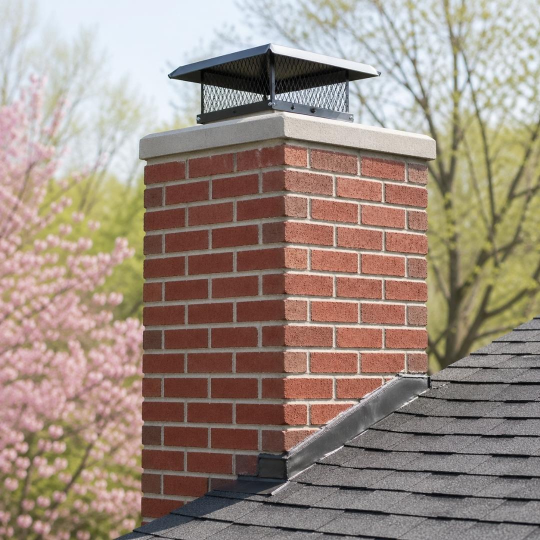 Brick chimney with a chimney cap in spring, showing why May is an ideal time for chimney maintenance and repair.
