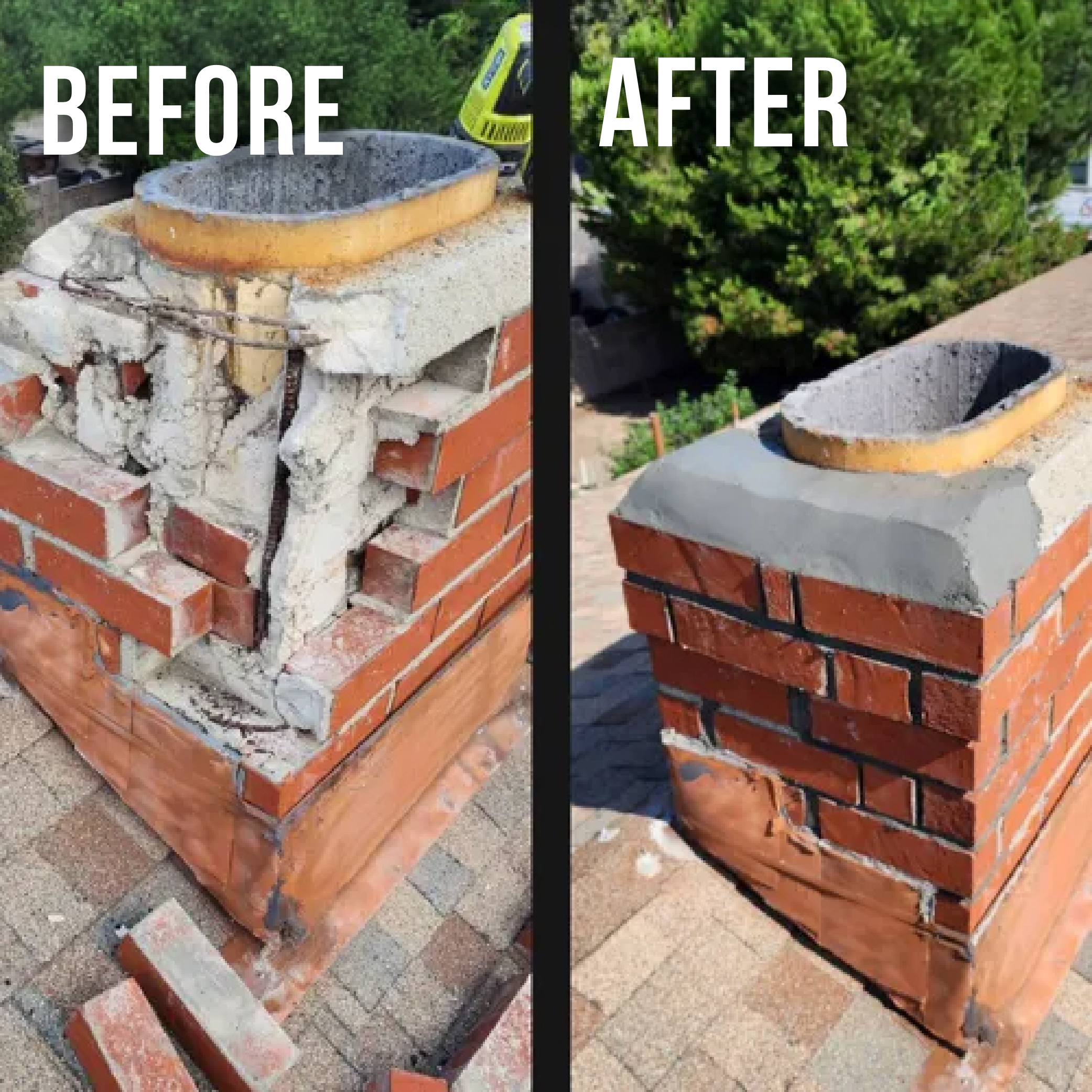 Before and after picture of a brick chimney that was broken and is now repaired.