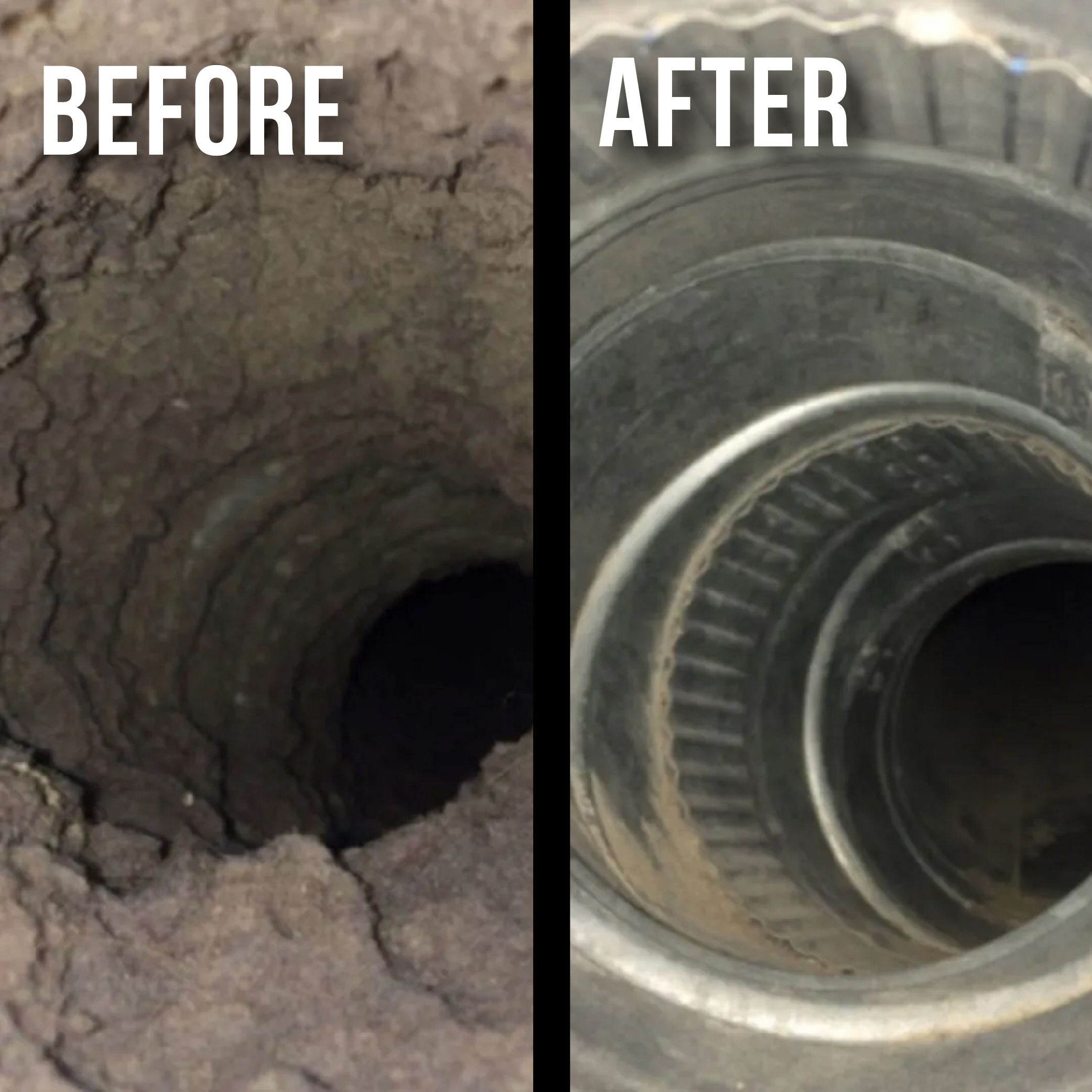 Before and after picture of a brick chimney that was broken and is now repaired.