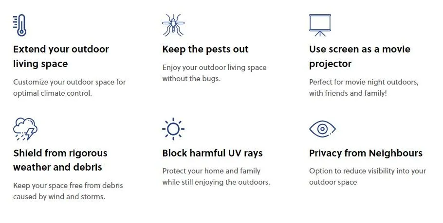 Icons with text highlighting benefits of MagnaTrack Screens: extending space, pest control, screen use, weather protection, UV blocking, and privacy from neighbors.