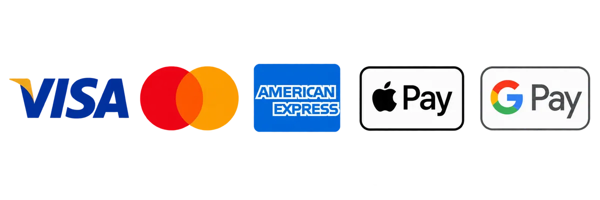 Visa, Mastercard, American Express, Apple Pay, and Google Pay logo