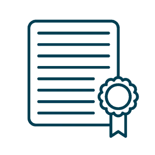 A green icon of a certificate or document with a seal/ribbon, typically representing certification, credential, accreditation, or official documentation.