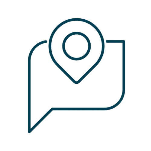 Green message icon with location pin indicating localized communication or location-based messaging