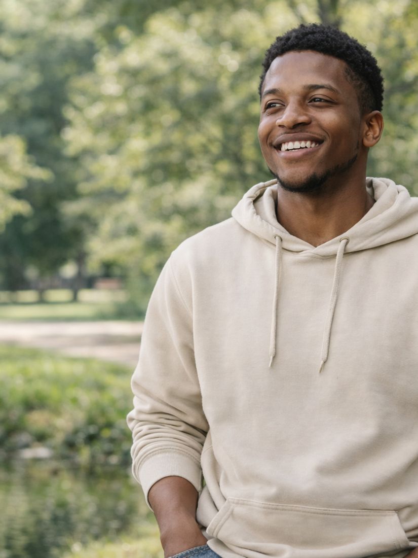 Man happy and smiling walking in a park