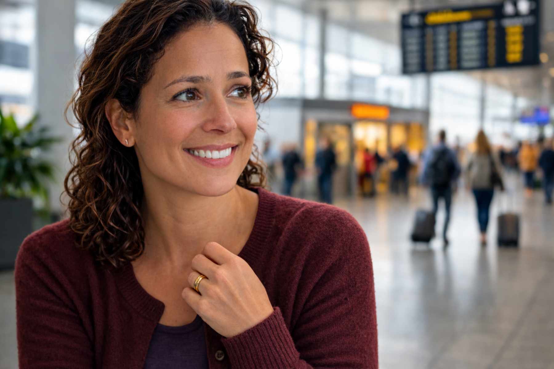 a woman looking happy in an airport