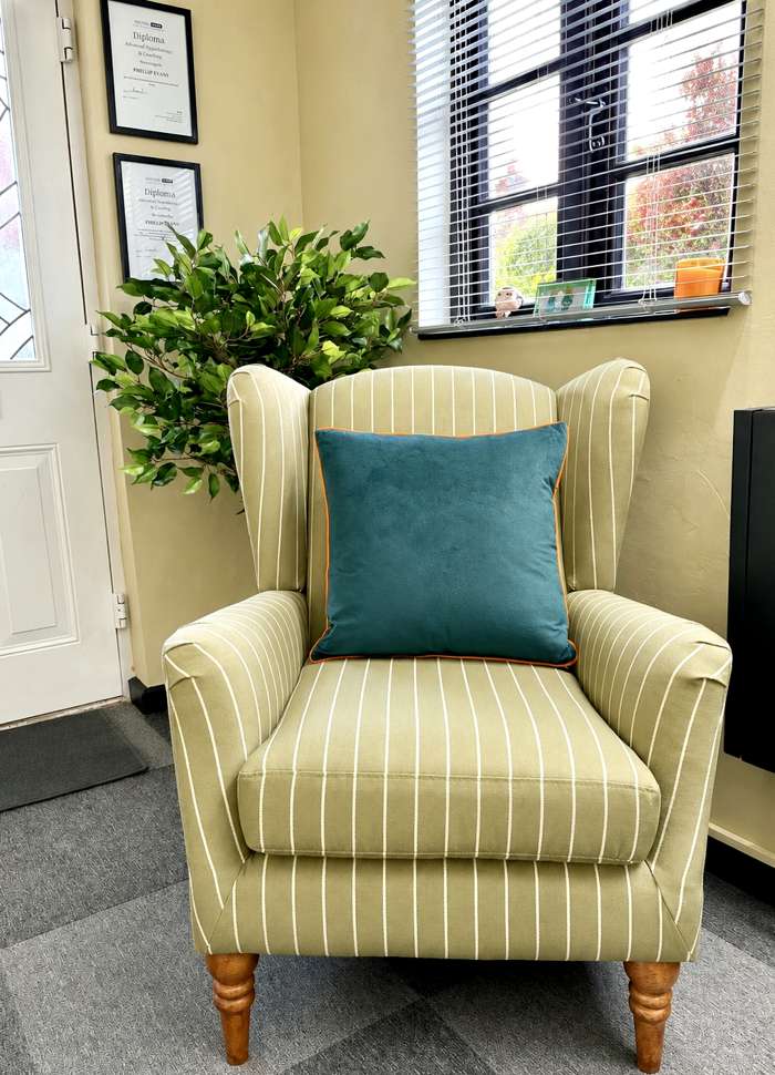 Comfortable consultation waiting room inside a professional treatment clinic.