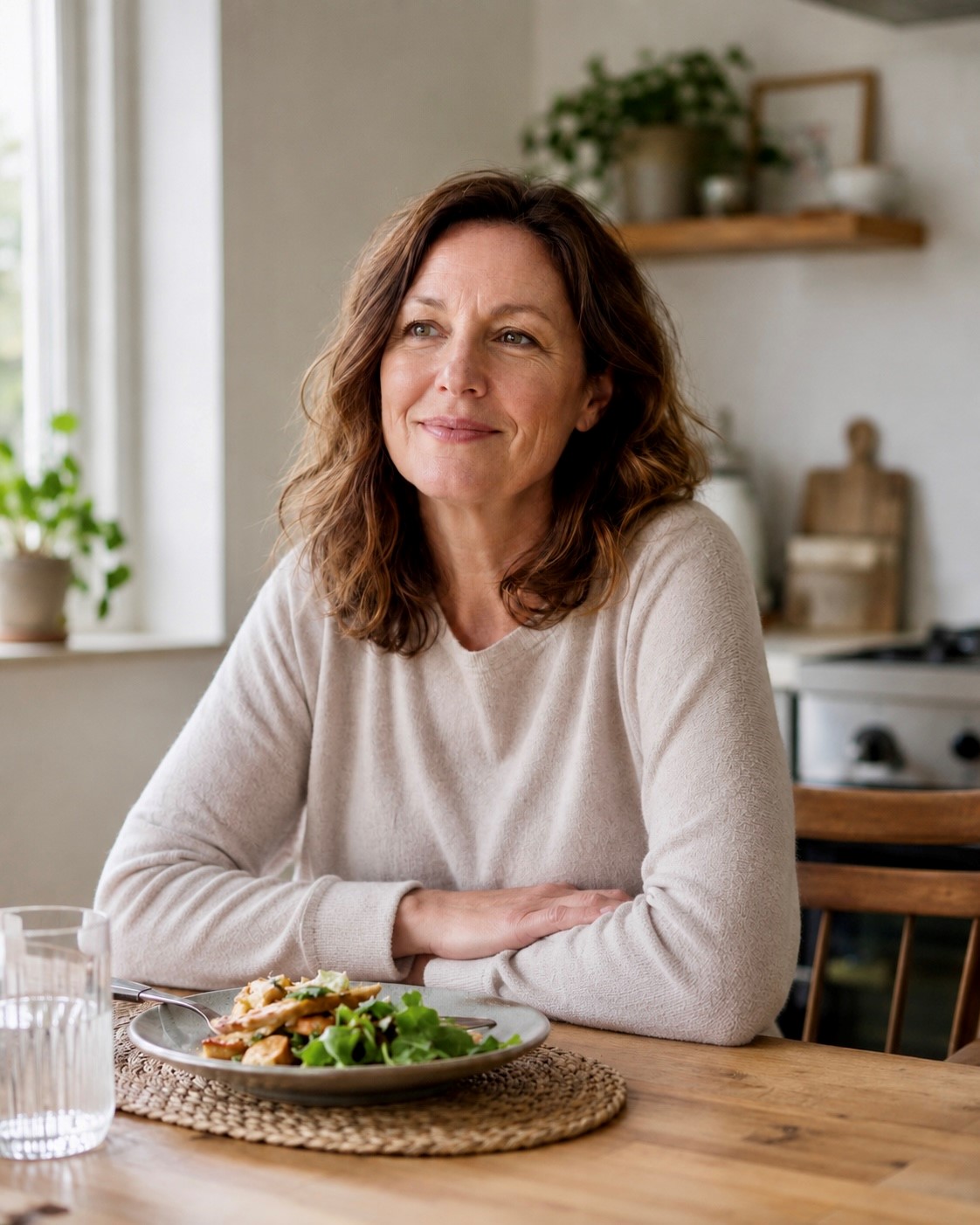 Professional woman sitting in her kitchen with a cup of tea after work