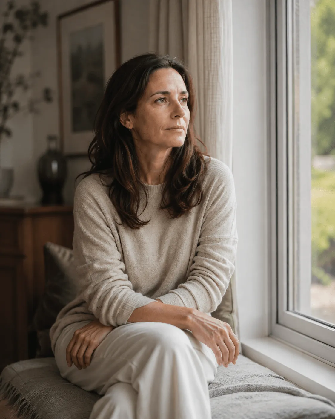 woman in window looking calm