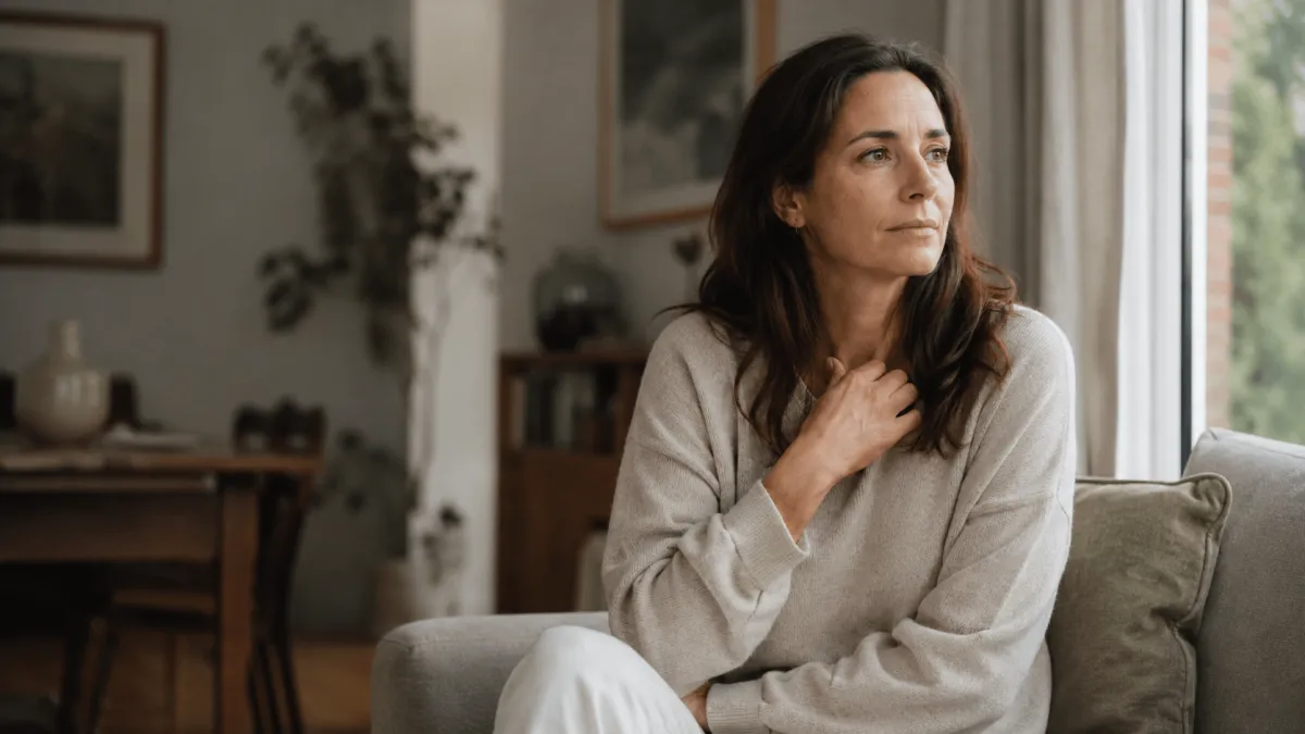 Anxious woman sitting in window