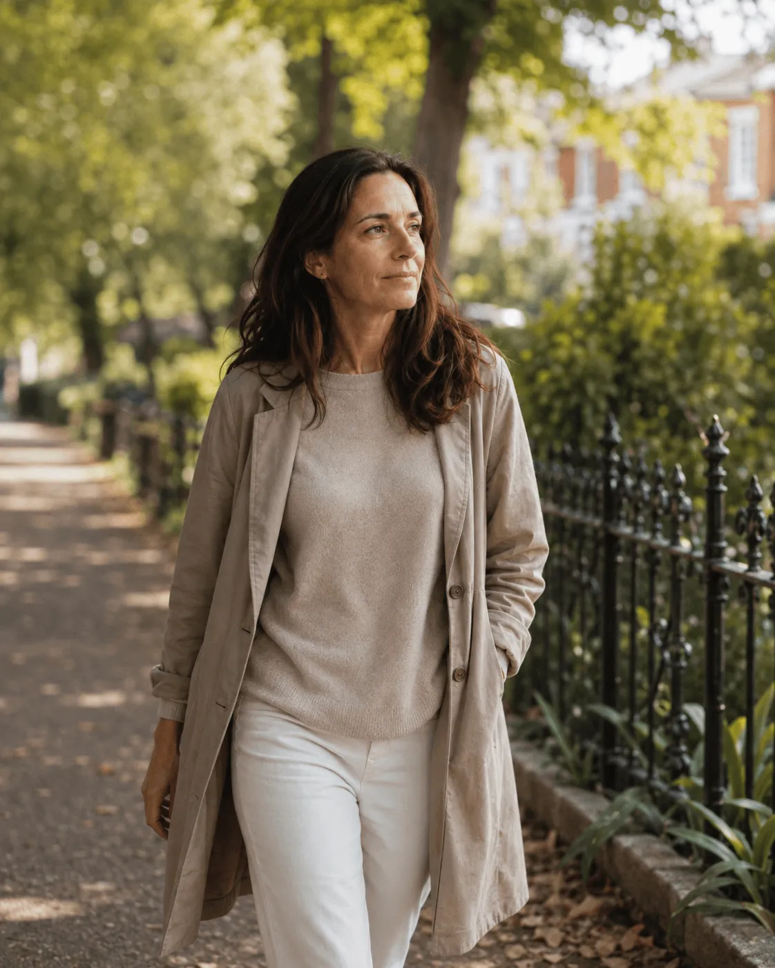 Woman walking slightly apprehensive