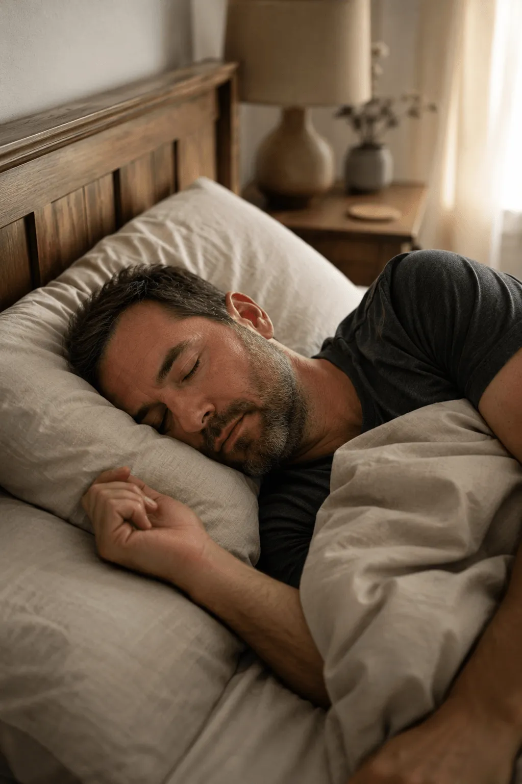 Man sleeping soundly at night demonstrating successful treatment and improved rest.