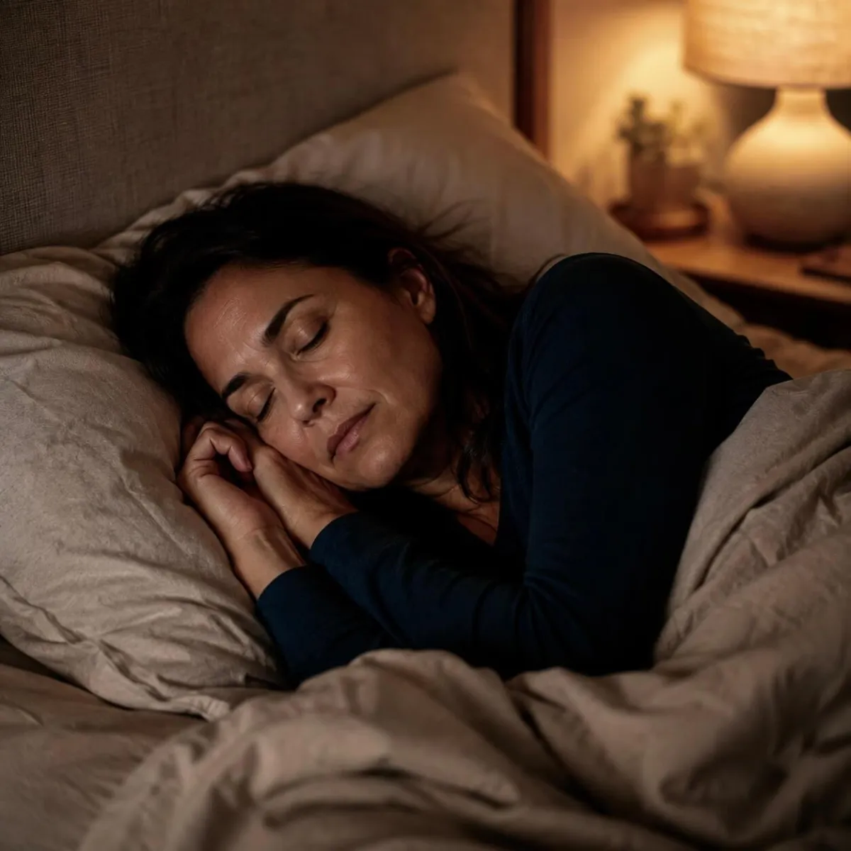 Woman in bed at night just drifting off to sleep