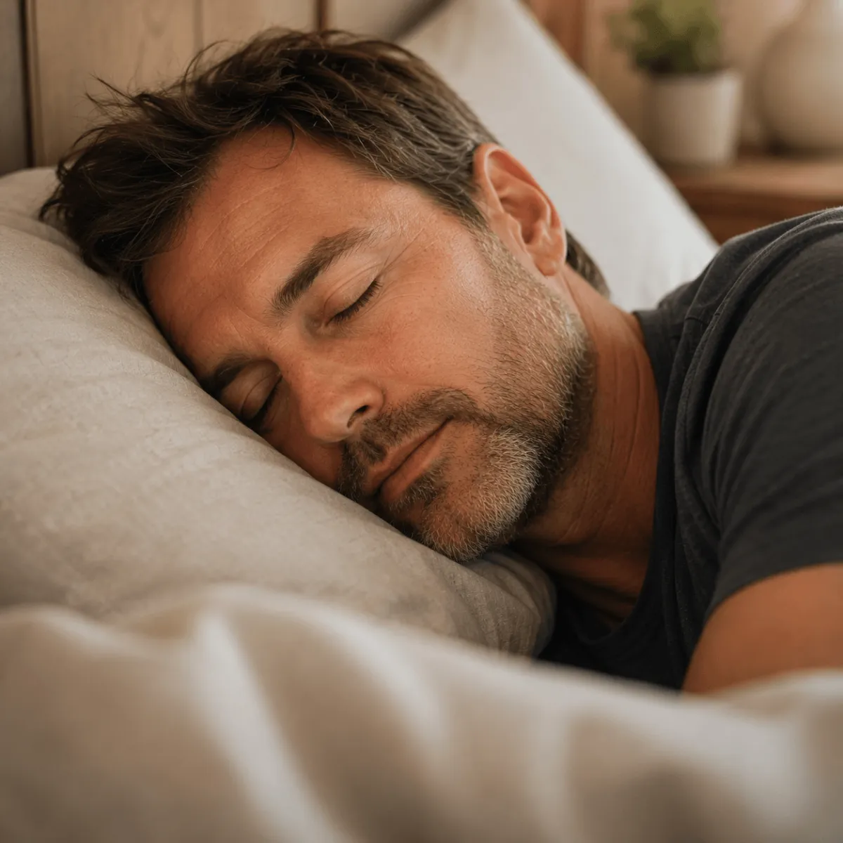 Close-up of a woman sleeping peacefully under blankets at night.
