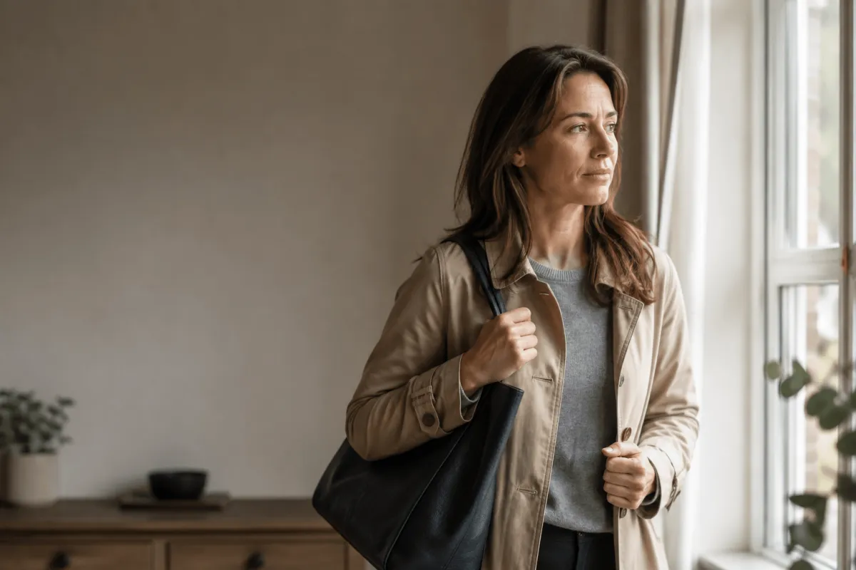 Woman looking out of window with apprehension