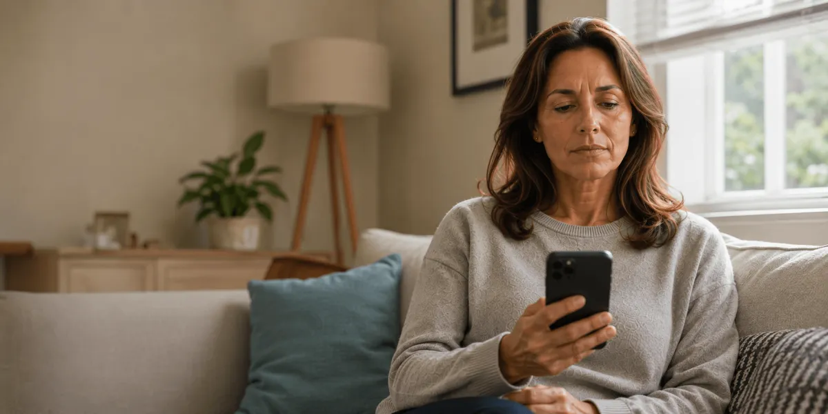 Woman looking apprehensively at her phone screen