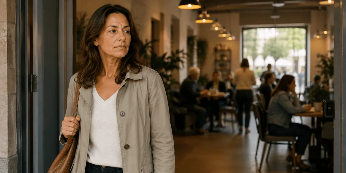 woman looking apprehensive in a coffee shop