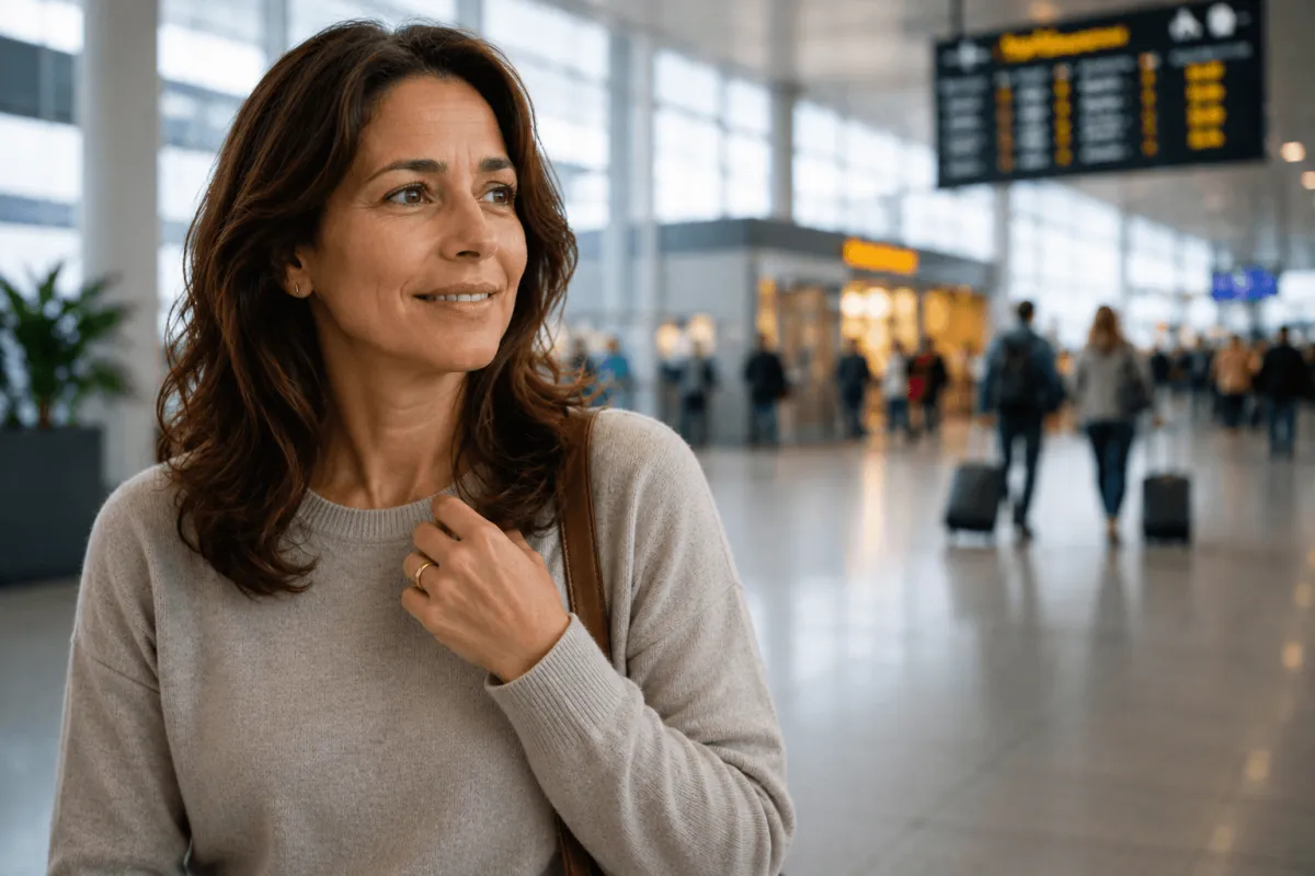 a woman looking happy in an airport