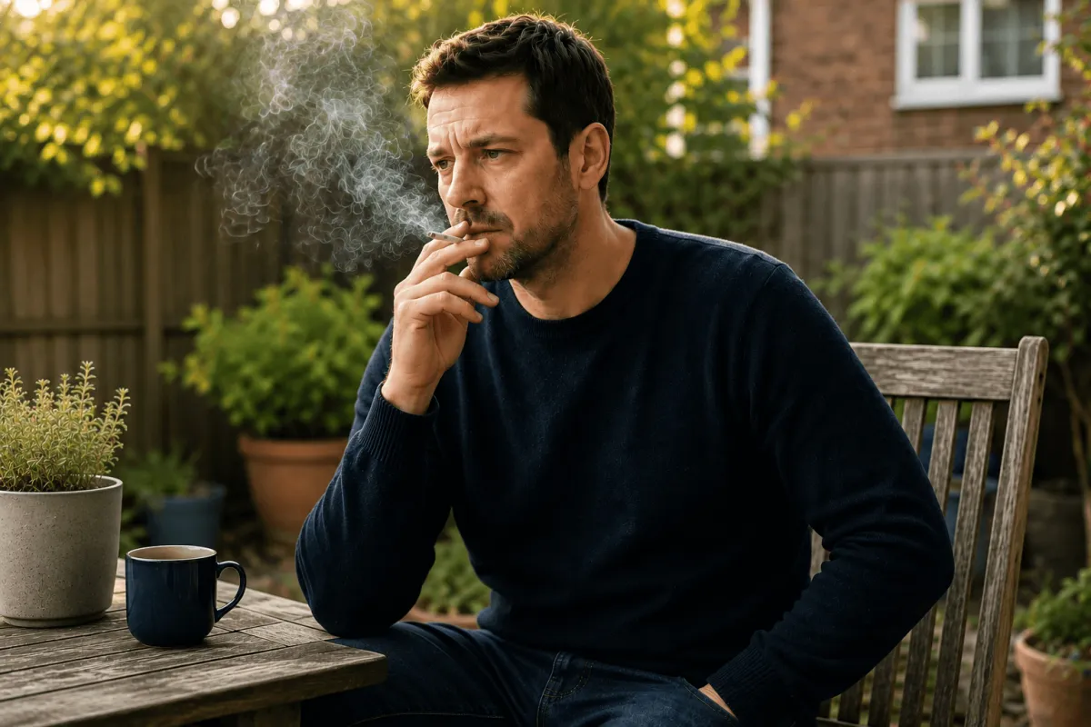 Man smoking in the gardenlooking reflective