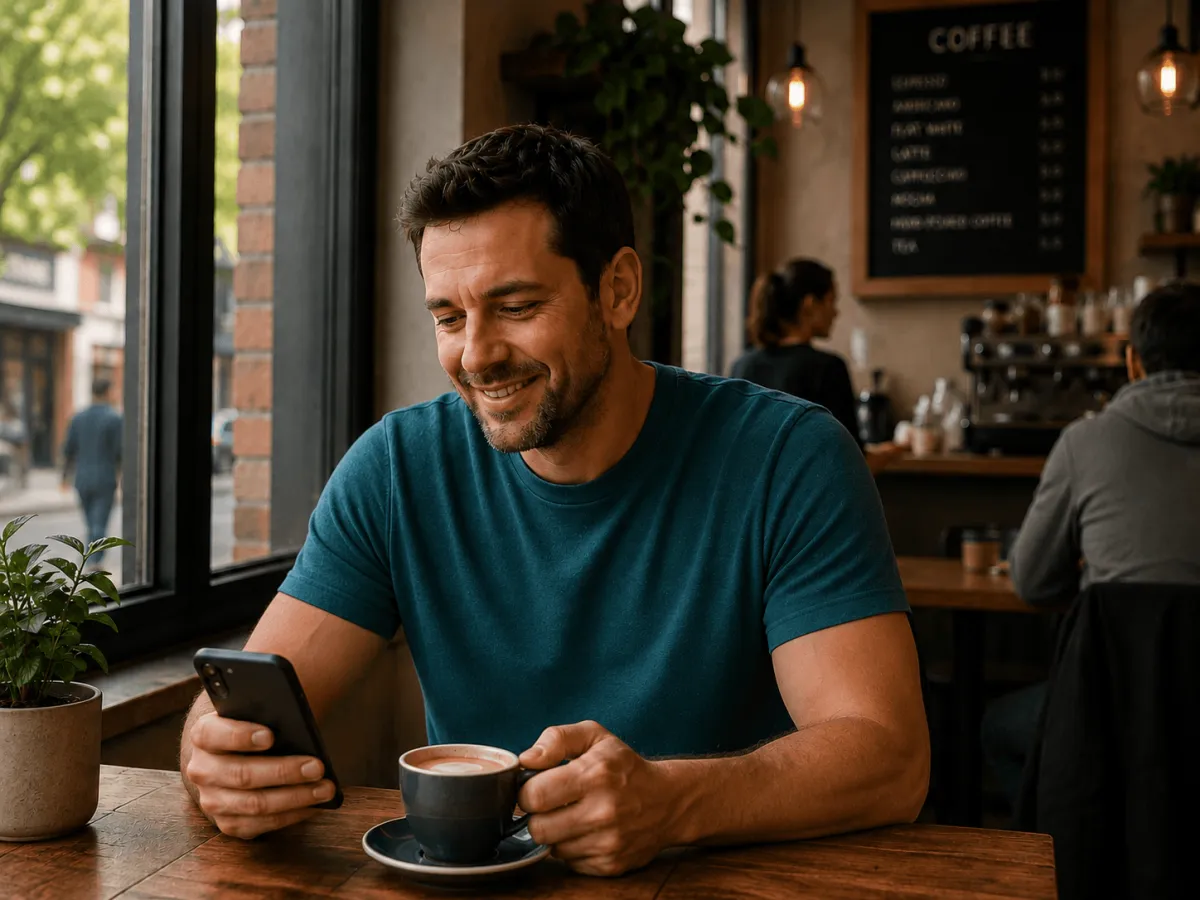 Man in coffee shop looking at his phone