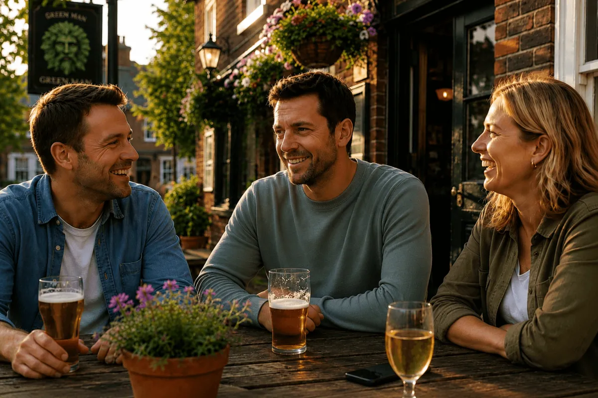 Three people enjoying a drink outside a pub