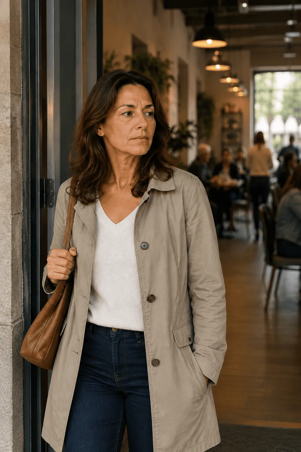 woman leaving coffee shop looking anxious