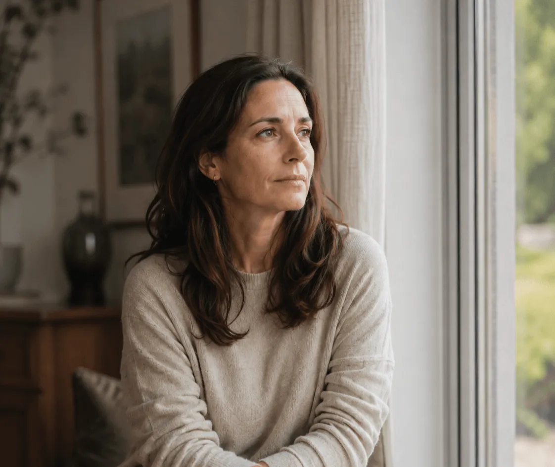 woman in window looking calm