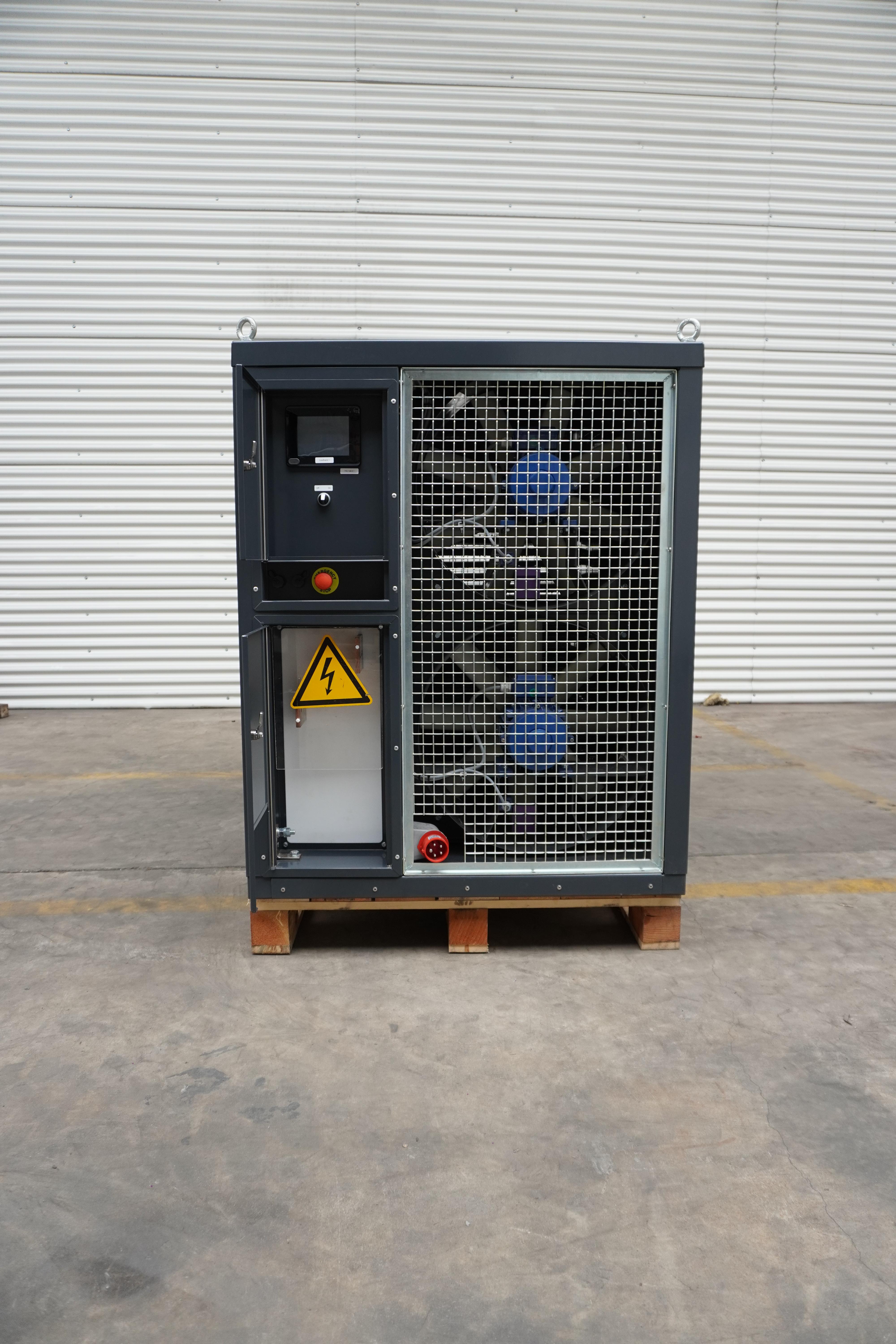 Metal carabiner clip attached to a rope.