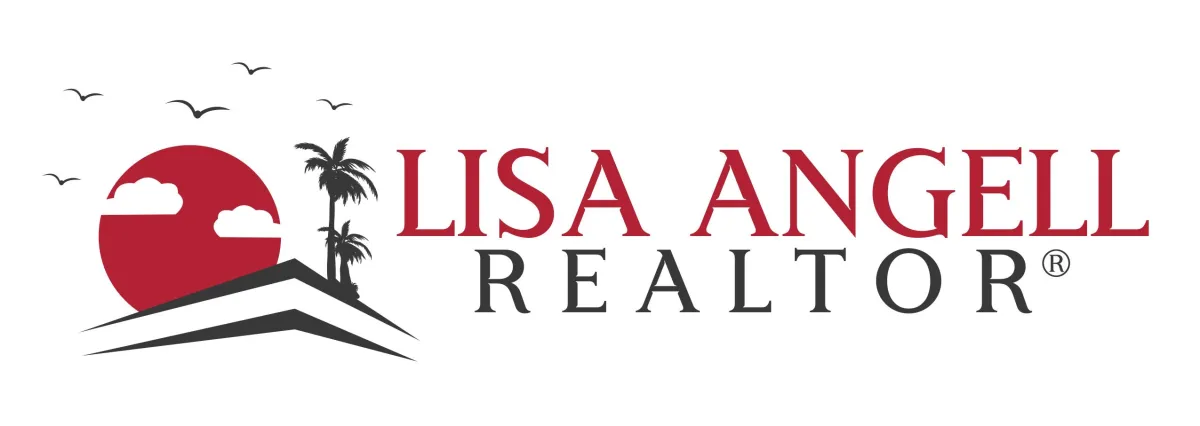 Logo for Lisa Angell, Realtor, featuring a red sun with two white clouds, birds flying, and two palm trees on the left. Below the sun is a stylized house roof in black. The name 'LISA ANGELL' is in bold red text, with 'REALTOR' in black capital letters underneath.