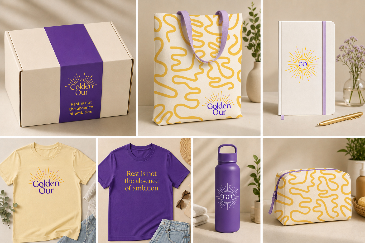 wellness branding with hand-drawn patterns and promotional product designs