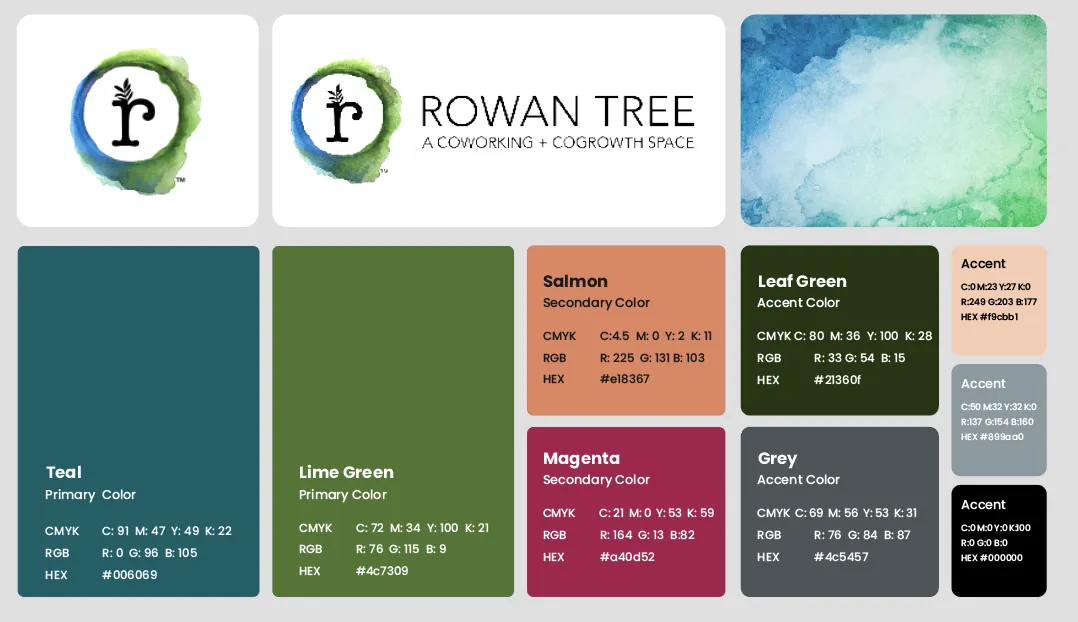 Rowan Tree brand color palette, logo, and logomark