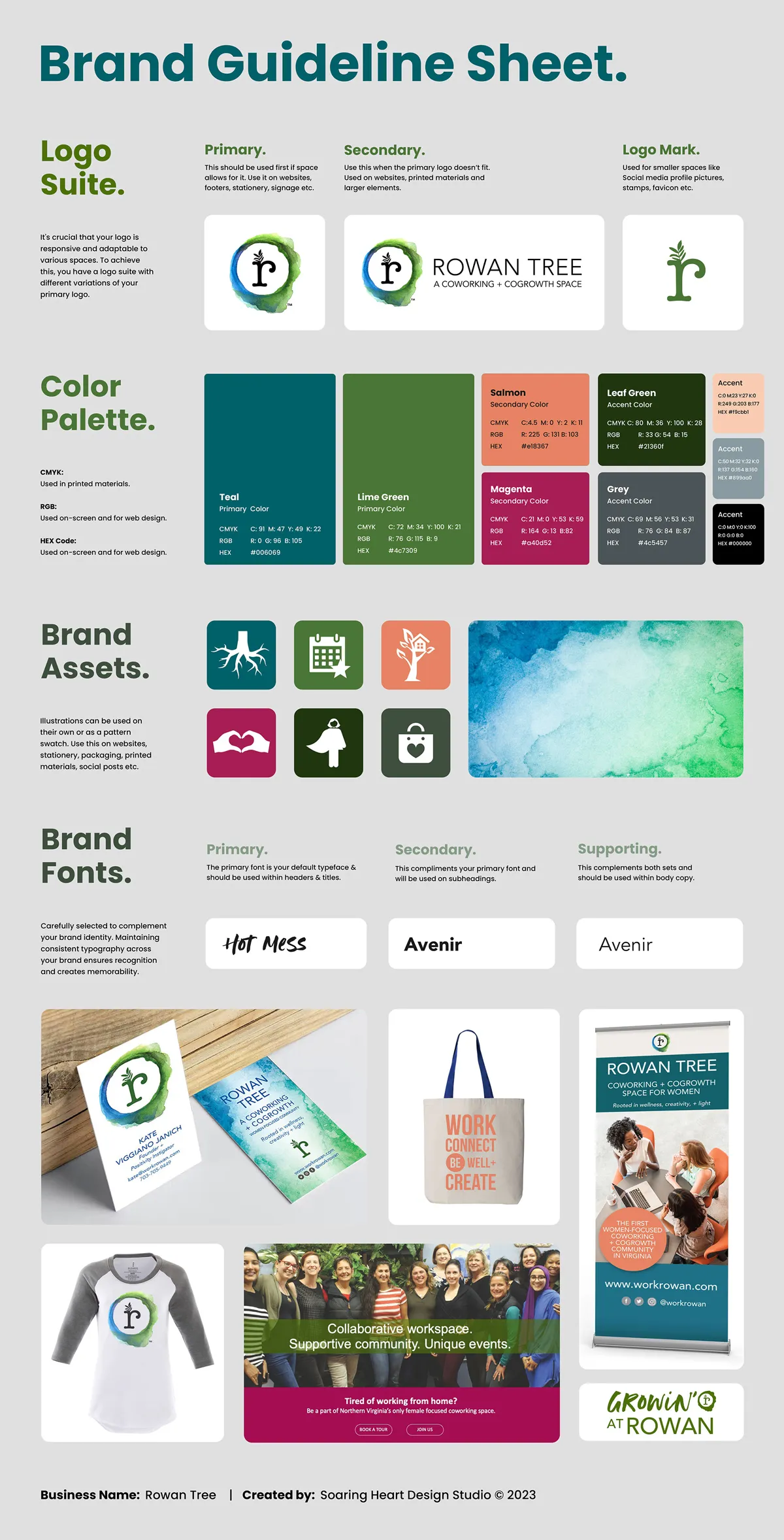 Rowan Tree Brand Sheet with logo, colors, fonts, icons, and product images.