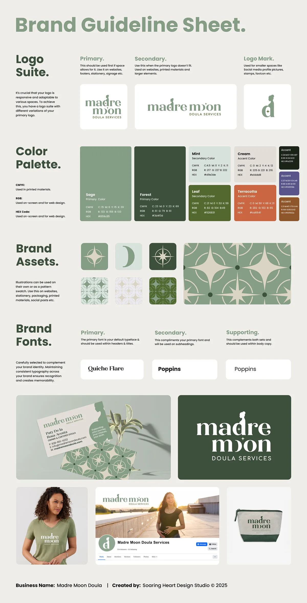 Rowan Tree Brand Sheet with logo, colors, fonts, icons, and product images.