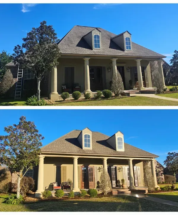 Before and after comparison of a home exterior repaint with enhanced curb appeal.