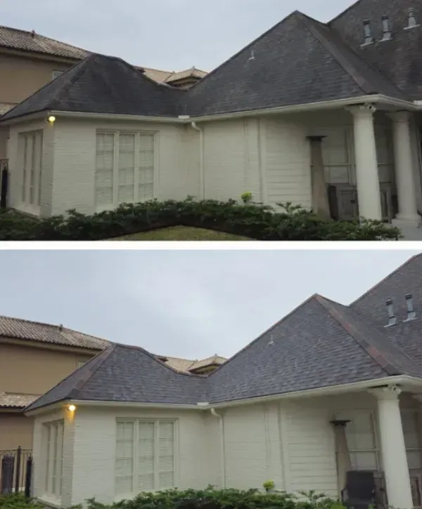  Before and after images showing a home with an old dark roof replaced with a new modern dark shingle roof. 