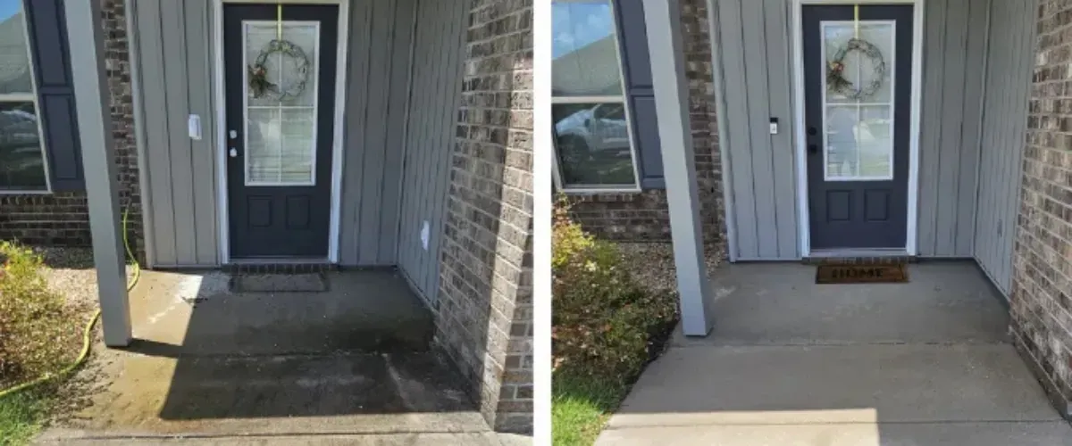 Before and after pressure washing a front porch, showing removal of dirt and grime for a clean, welcoming entrance.