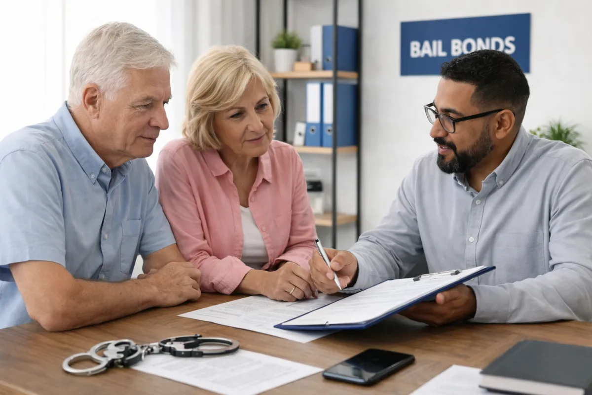 Agente de fianzas explicando el proceso de fianza a una pareja mayor en Carolina del Norte