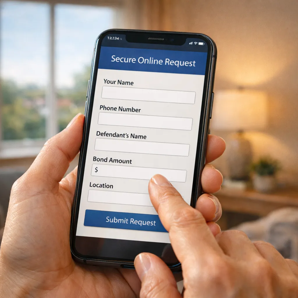 Secure online bail bond request started on a smartphone in Raleigh, NC