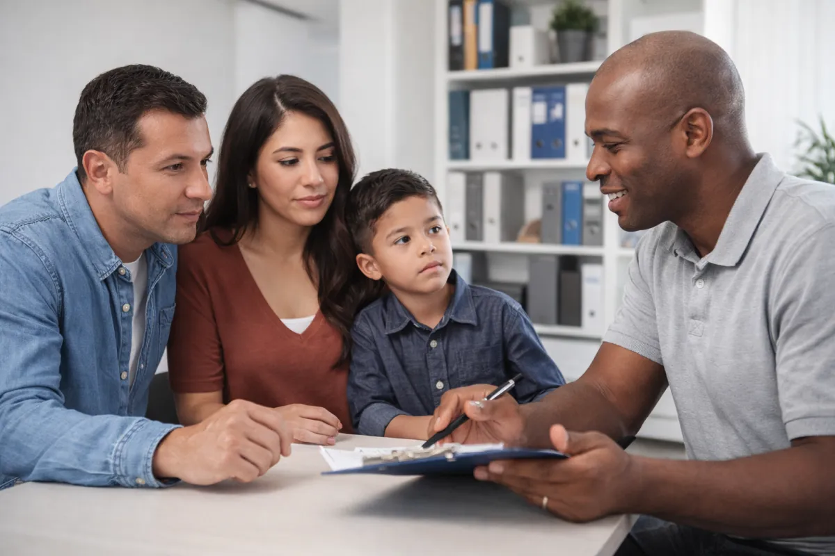 Latino family speaking with a licensed bail agent during a local bail bonds consultation