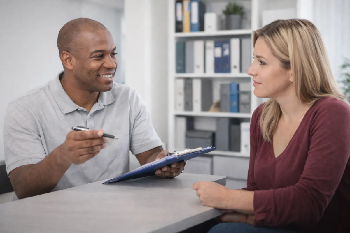 Licensed bail agent speaking with a family during a local bail bonds consultation