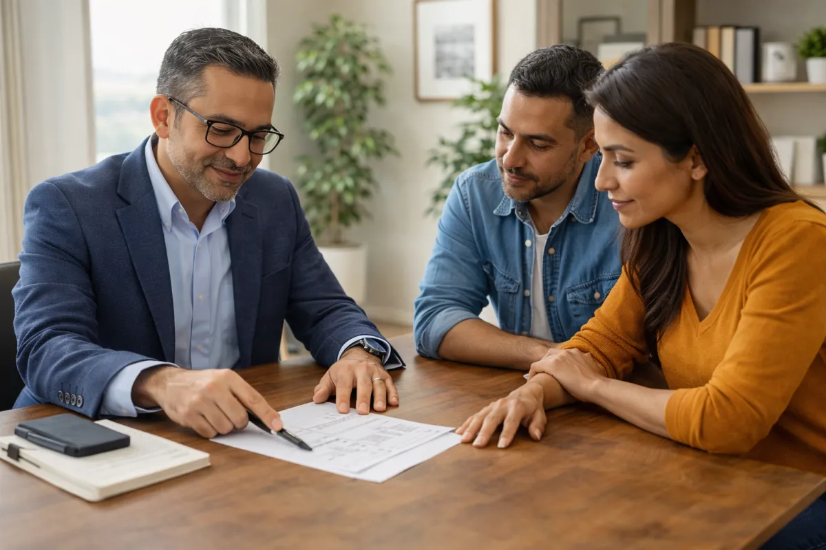 Latino bail bonds agent explaining a payment plan to a couple in Raleigh, North Carolina office