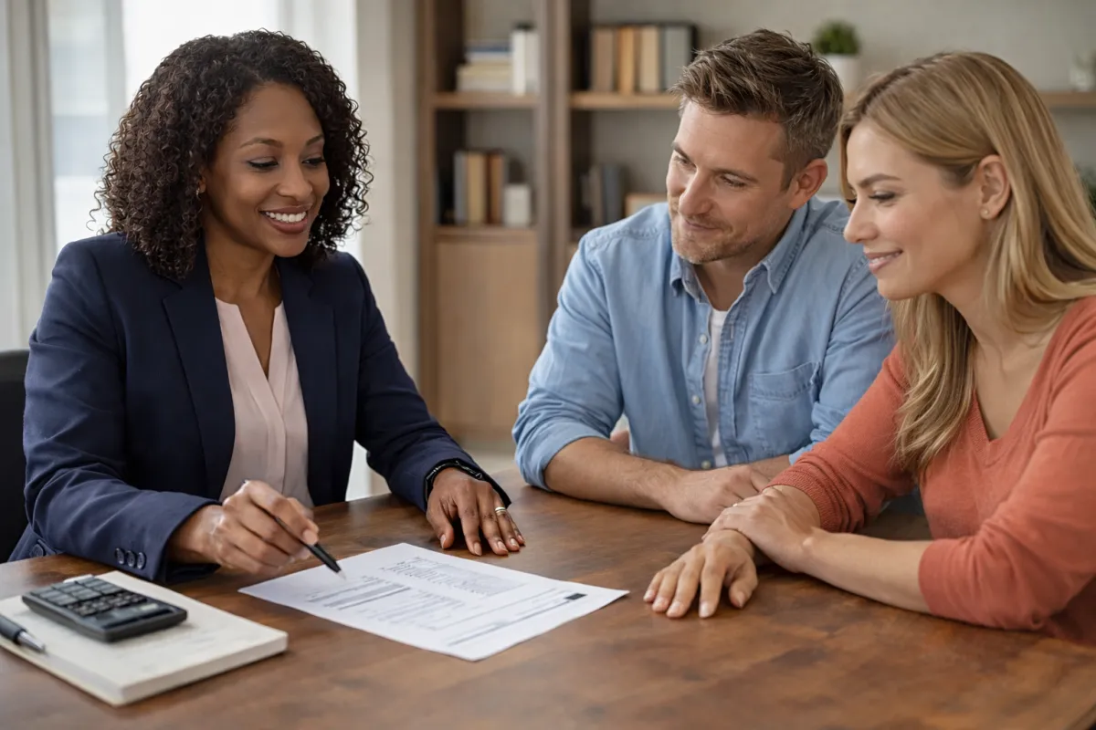 Bail bonds agent explaining affordable payment options to a couple in Raleigh North Carolina office
