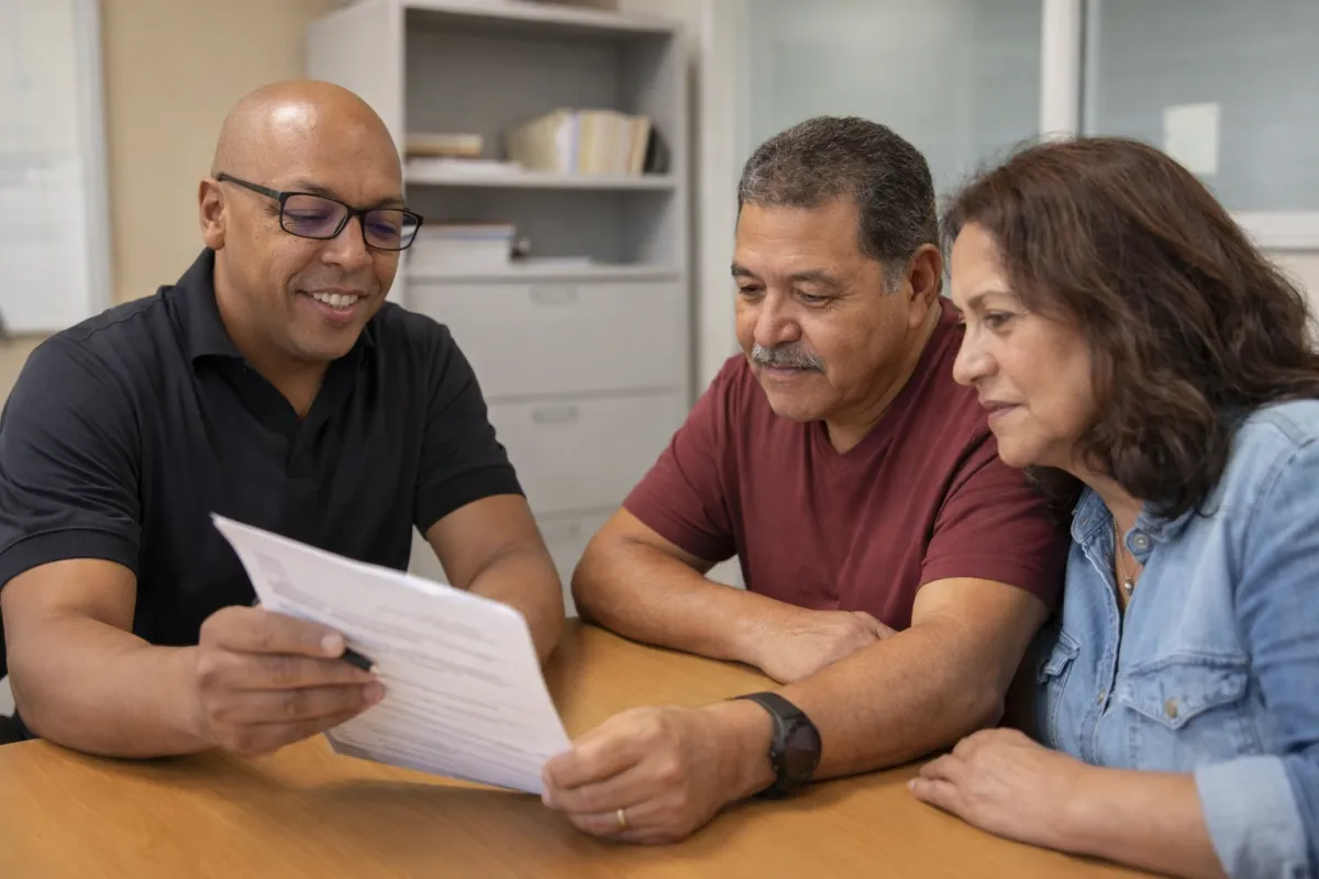Latino bail bonds agent reviewing paperwork with a client in an office in Raleigh, North Carolina