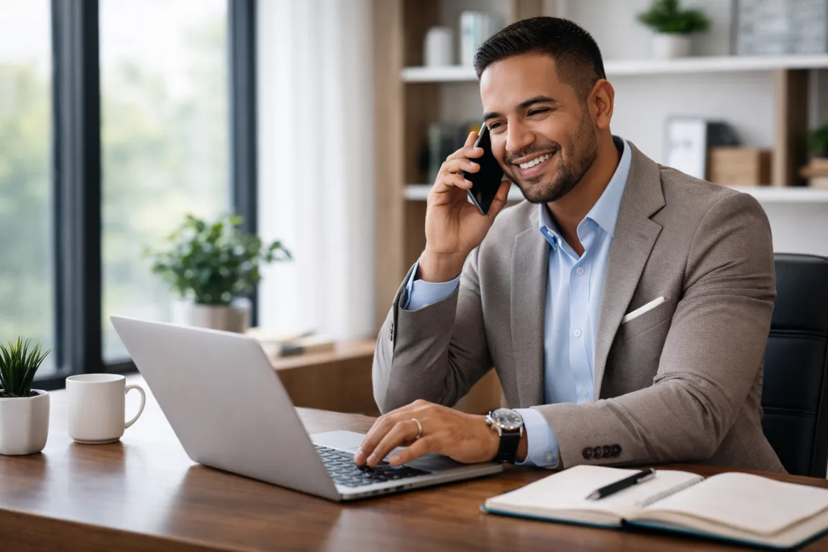 Latino bail bond agent working independently on laptop, representing a career with freedom, responsibility, and income potential