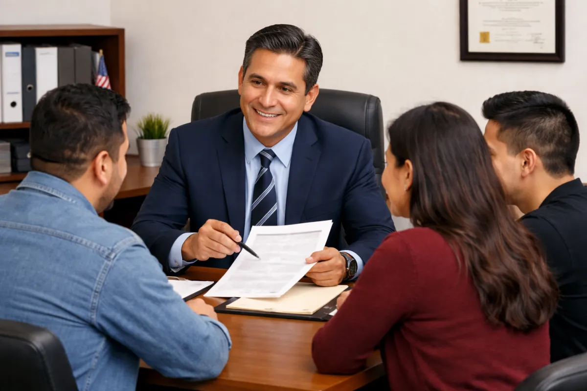 Latino bail bonds agent consulting with a family in a professional office, reviewing paperwork in a calm and respectful setting