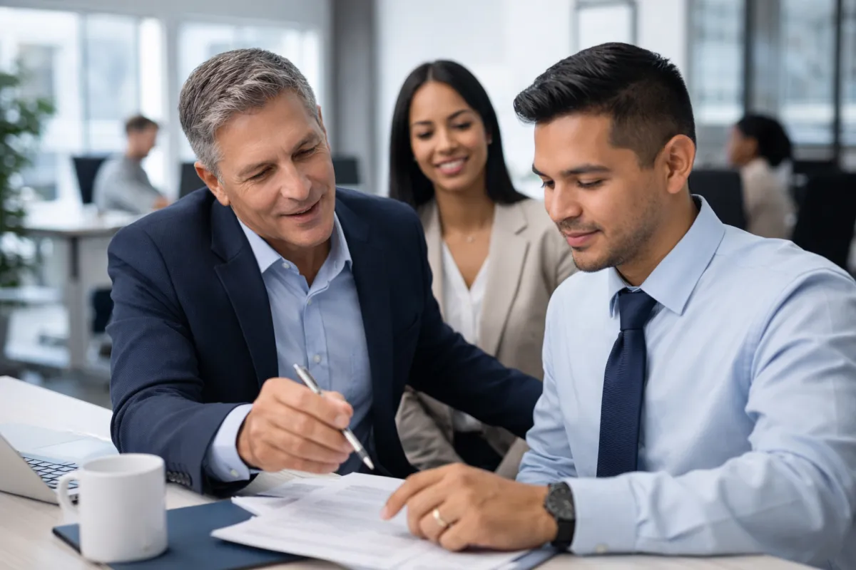 Bail agent explaining Wake County bail bond options to a family in an office