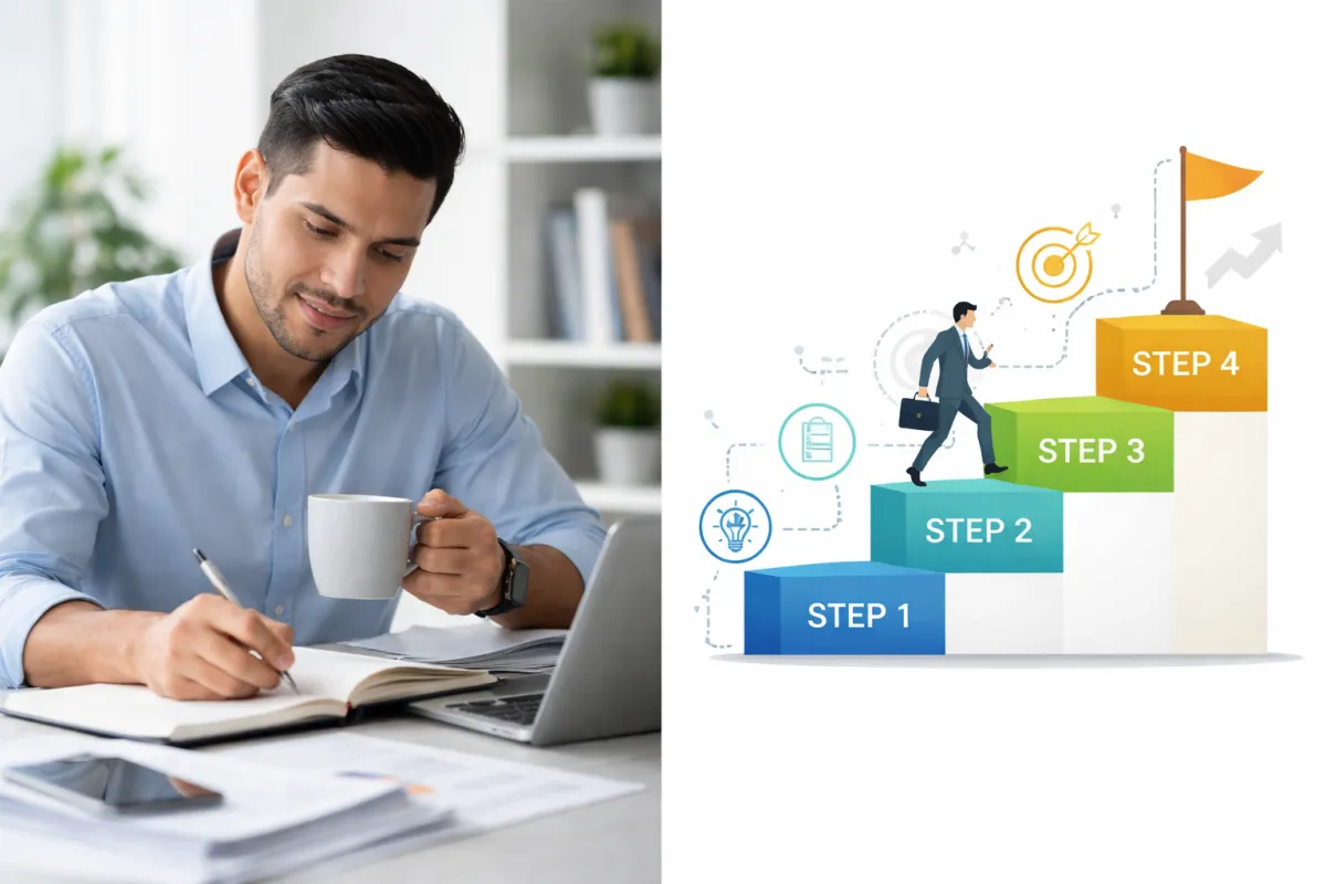 Professional studying and step-by-step business growth illustration representing training and career progression