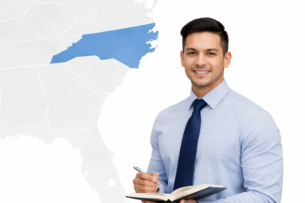 Latino bail bonds agent representing service coverage in North Carolina with a modern professional background